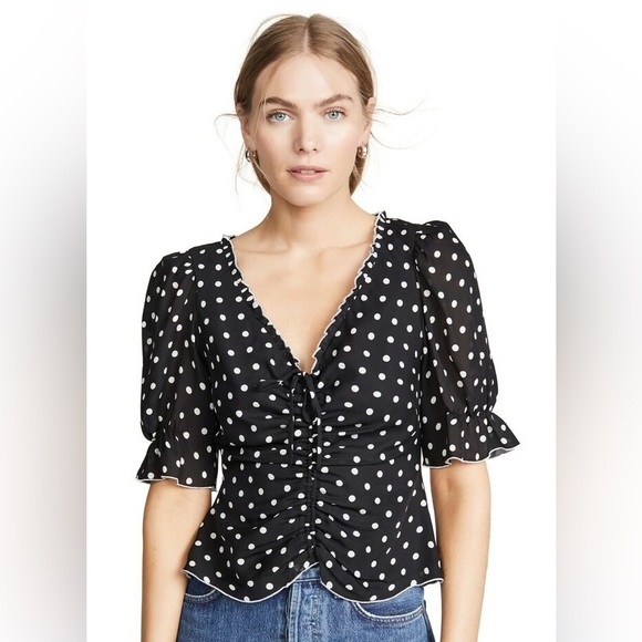 cinq a sept Tops - Cinq A Sept Kimberly Dot-Print Ruched Short-Sleeve Top Size Large 100% Silk